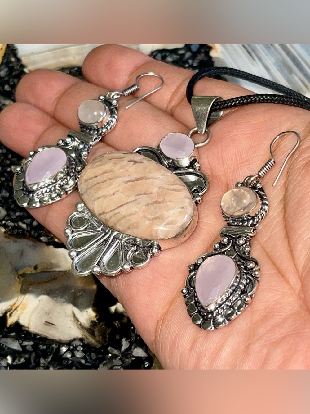 Peach Moonstone, Rose Quartz & Chalcedony Pendant & Earrings